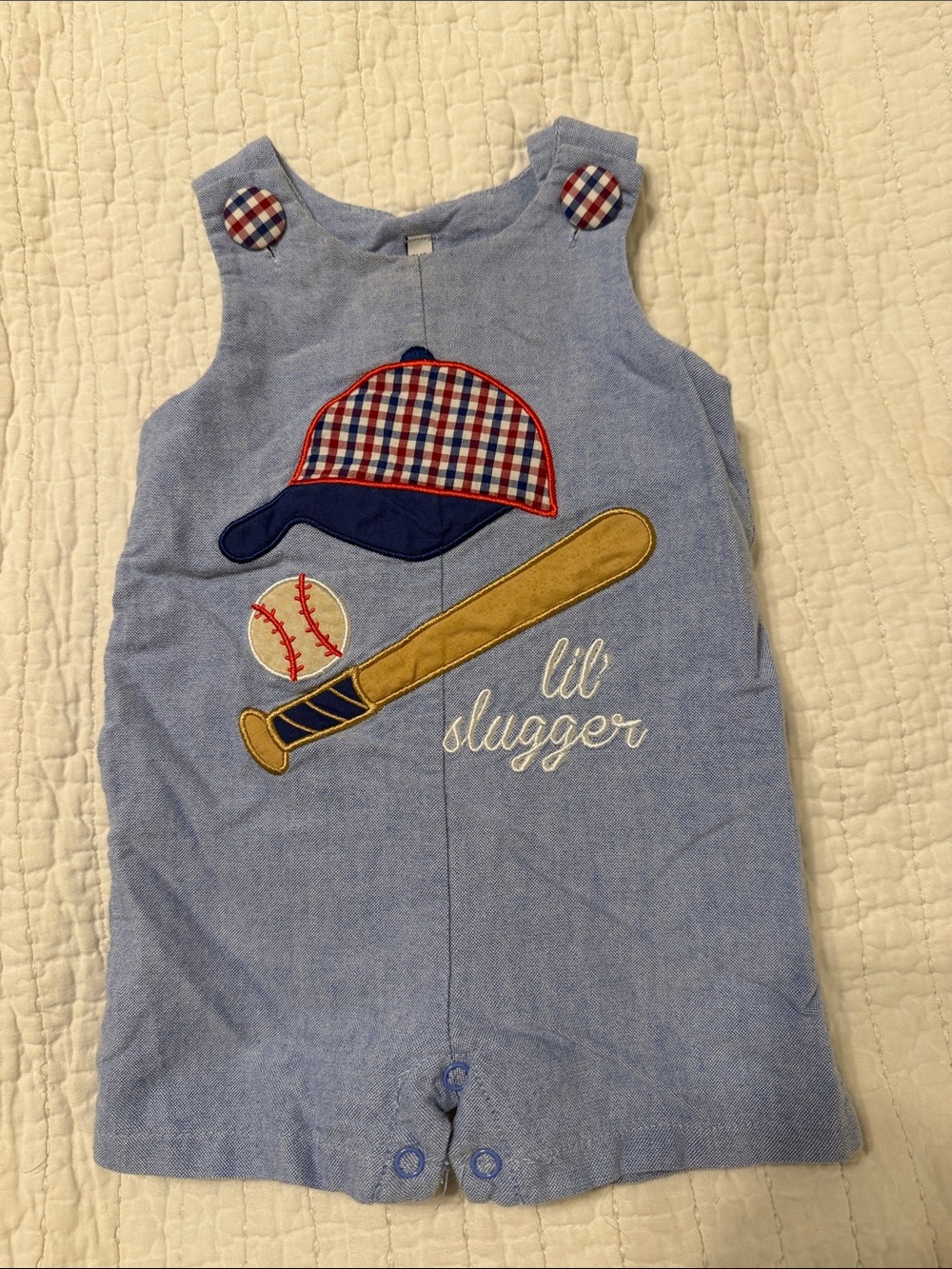 Lil Slugger Baby Romper - Light Blue with Navy & Tan Appliqué